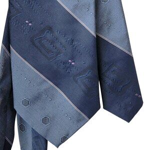 Vintage 70s Blue Silk Neck Tie Men Accessories Geometric Embroidered Formal Work